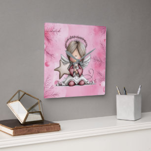 Skurriler Rosa Weihnachtsengel Quadratische Wanduhr