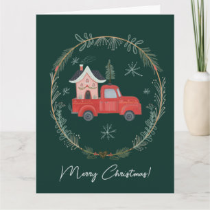 Skurriler roter Weihnachtswagen mit gemütlichem Ha Karte