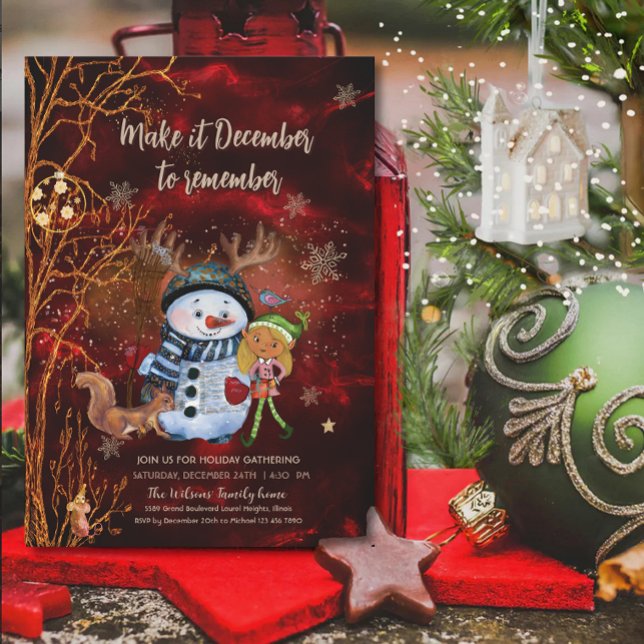 Skurriler Rotgold-Schneemann-Elf-Eichhörnchen-Weih Einladung (Whimsical Red Gold Snowman Elf Squirrel Christmas Invitation)