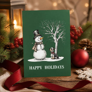 Skurriler Schneemann & Yorkie Grüne Weihnachtskart Feiertagskarte