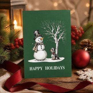 Skurriler Schneemann & Yorkie Grüne Weihnachtskart Feiertagskarte