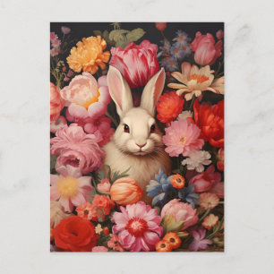 Skurriler Vintage-Hase Frühlingsblüten Feiertagspostkarte