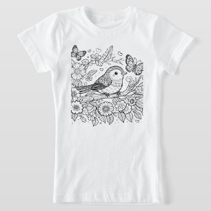 Skurriler Vogel & Schmetterling Florale Line Art T-Shirt