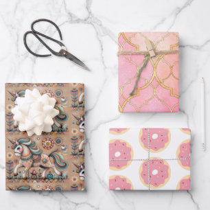 Skurriles Boho-Dekoratives Einhorn-Donut Geschenkpapier Set