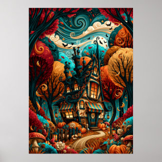 Skurriles Halloween-Häuschen Herbstwald Poster