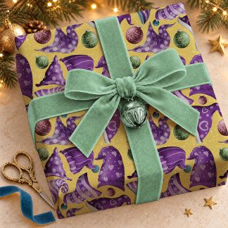 Skurriles lila-gelbes Retro-Gnomenhutmuster Geschenkpapier
