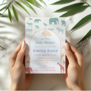 Skurriles Pastell-Safari-Baby-Shower-Dschungeltier Einladung