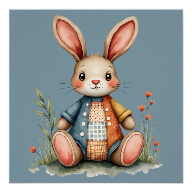 Skurriles Patchwork-Hasen-Häuschen-Waldidylle Poster (Vorderseite)
