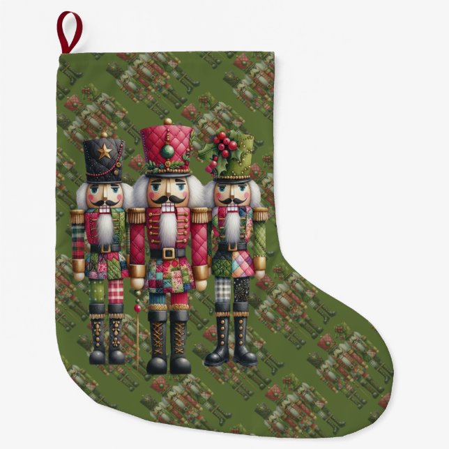 Skurriles Patchwork-Weihnachts-Nussknacker-Trio Großer Weihnachtsstrumpf (Vorderseite)