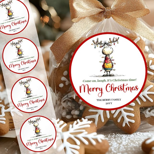 Skurriles Rentier-Fun whimsicaler Weihnachtssticke Runder Aufkleber (Quirky reindeer fun whimsical Xmas sticker style)