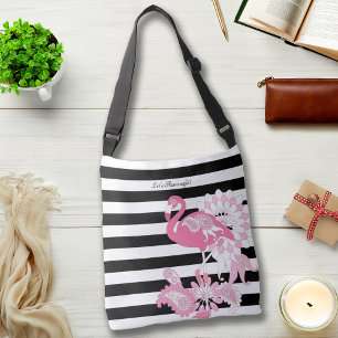Skurriles Rosa Flamingo Schwarz-Weiß-Gestreift Tragetaschen Mit Langen Trägern