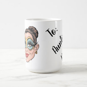 Skurriles venezianisches Maskenporträt mit florale Kaffeetasse