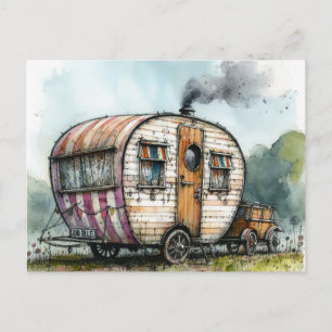 Skurriles verwittertes Wohnwagen-Camper-Wasserfarb Postkarte