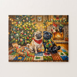 Skurriles Weihnachts-Cottage-Mops-Hunde-Illustrati Puzzle