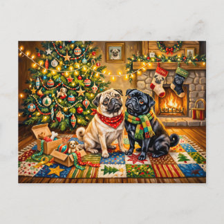 Skurriles Weihnachts-Haus-Mops-Hund-Illustration Postkarte