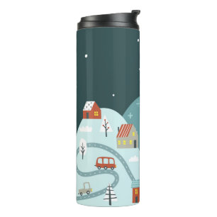 Skurriles Weihnachtsdorf Winter Autos Thermosbecher