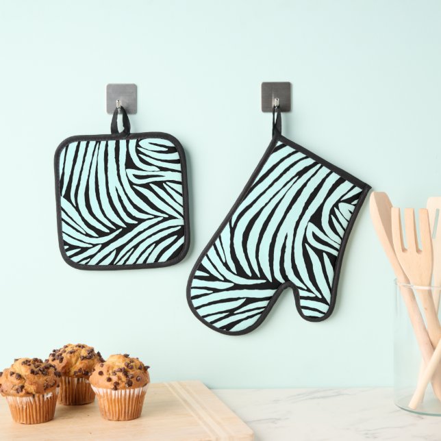 Sky Aqua Blue Black Zebra Print Ofenhandschuh & Topflappen-Set (Insitu (Hängend))