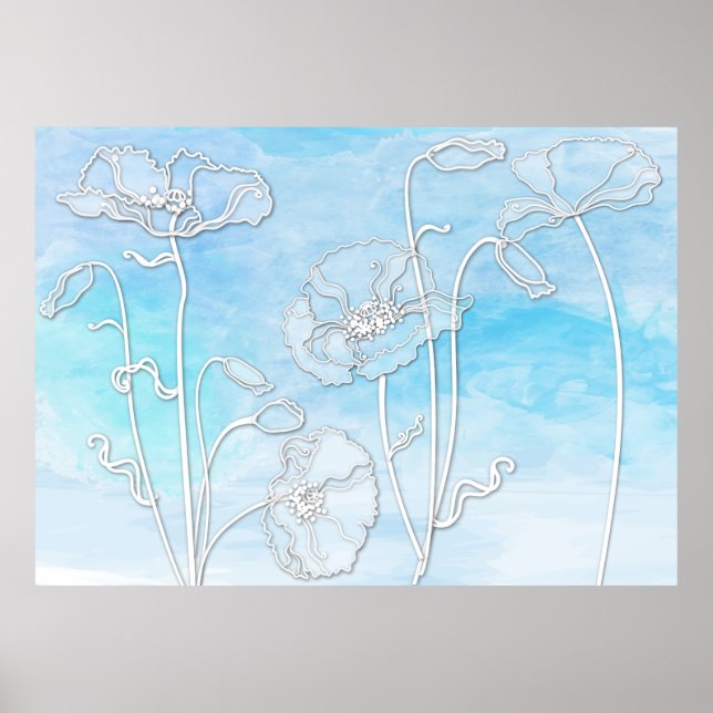 Sky Blue Abstrakt Watercolor und Poppies 3 Poster (Vorne)