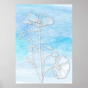 Sky Blue Abstrakt Watercolor und Poppies Poster