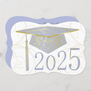 Sky Blue and Gold Floral Cap 2025 Graduation Party Einladung
