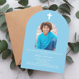 Sky blue arch Foto boy First Holy Communion Einladung