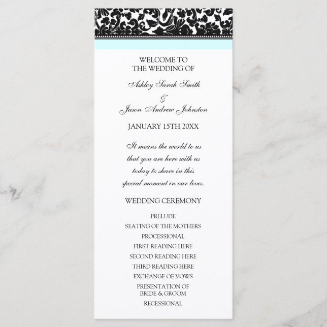 Sky Blue Black Damask Hochzeitsprogramm Programm (Vorderseite)