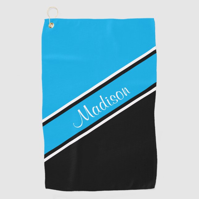 Sky Blue Black Diagonal Strip Skriptname Golfhandtuch (Vorderseite)