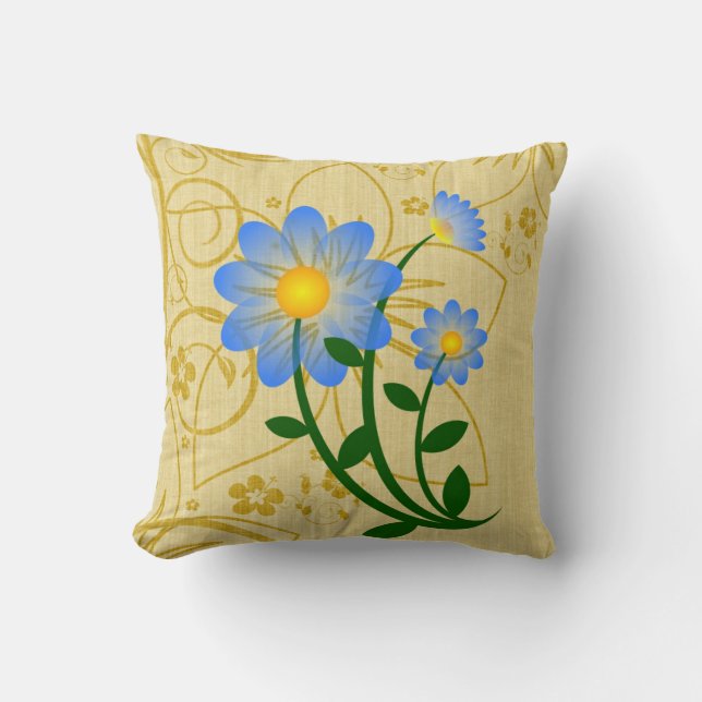 Sky-Blue-Blume auf Gold Floral Print Kissen (Vorderseite)