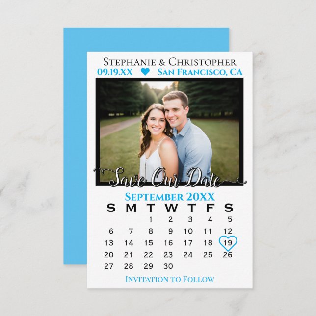 Sky Blue Calendar & Foto Wedding Rette unser Datum Karte (Vorne/Hinten)