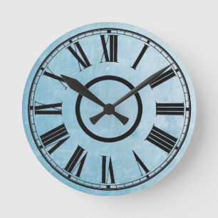 Sky Blue Clock Weathered Effect Roman Numbers Runde Wanduhr