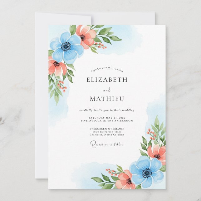 Sky Blue Coral Bloom Wedding Einladung (Vorderseite)