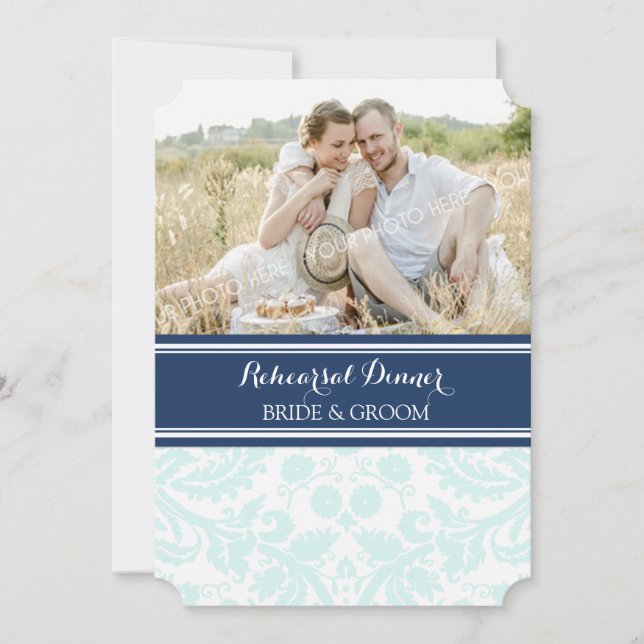 Sky Blue Damask Foto Probe Dinner Party Einladung (Vorderseite)