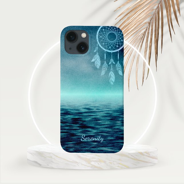 Sky Blue Dream Catcher mit Aquamarinem Ocean Backg Case-Mate iPhone Hülle (Sky Blue Dream Catcher with Teal Ocean Background and Custom Text Line Phone Case)