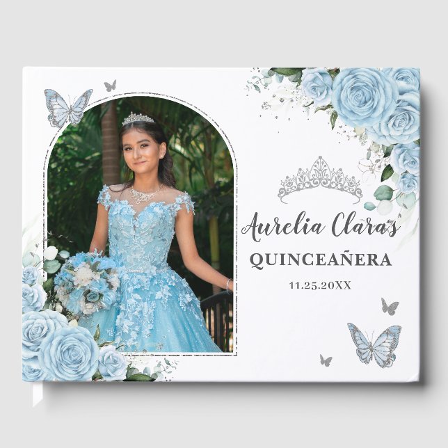 Sky Blue Floral Butterfells Quinceañera Foto Gästebuch (Vorderseite)