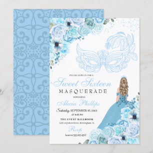 Sky Blue Floral Masquerade Sweet 16 Einladung