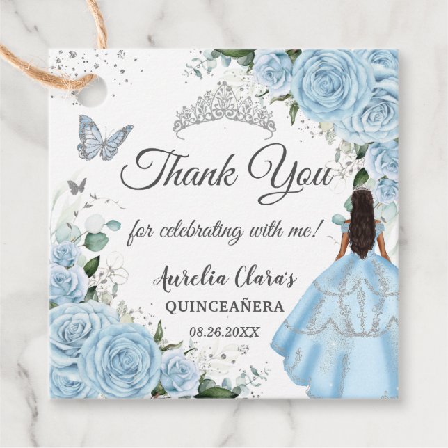 Sky Blue Floral Princess Dress Silver Quinceañera Geschenkanhänger (Vorderseite)
