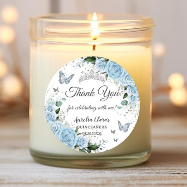 Sky Blue Floral Princess Dress Silver Quinceañera Runder Aufkleber (Von Creator hochgeladen)