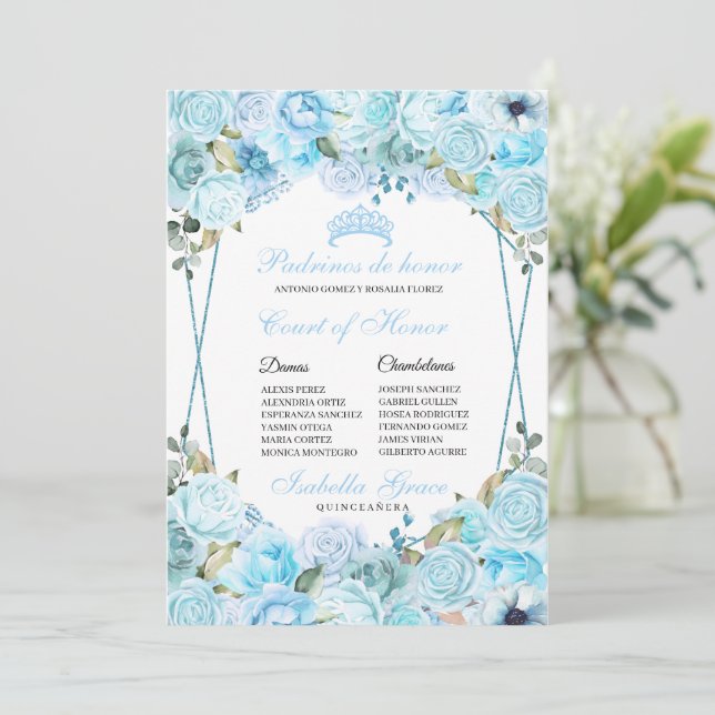 Sky Blue Floral Quinceanera Court of Honor Einladung (Stehend Vorderseite)