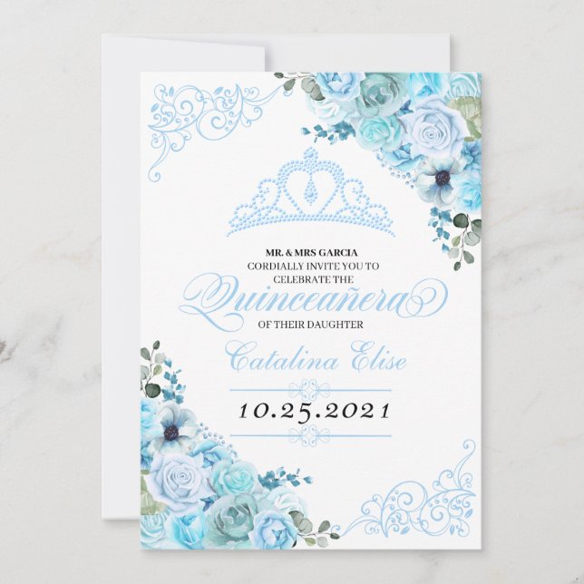 Sky Blue Floral Quinceanera Geburtstag Einladung (Vorderseite)