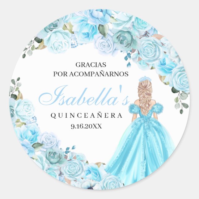 Sky Blue Floral Quinceanera Round Stickers (Vorderseite)