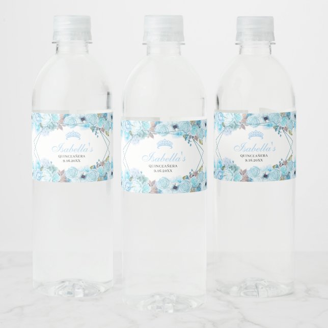 Sky Blue Floral Quinceanera Wasserflasche Wasserflaschenetikett (Flaschen)