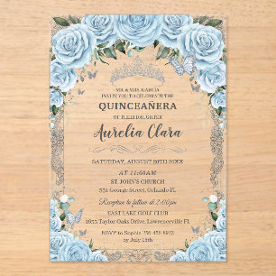 Sky Blue Floral Silver 16 . Geburtstag QUINCEAÑERA Acryleinladungen