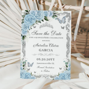 Sky Blue Floral Silver 16 . Geburtstag QUINCEAÑERA Save The Date