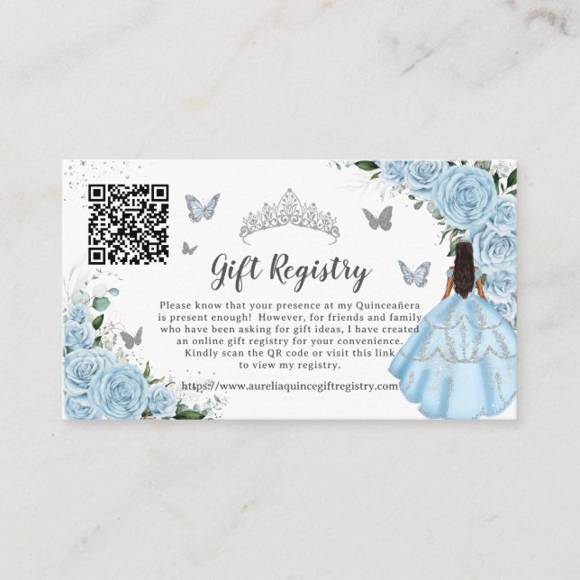 Sky Blue Floral Silver Quinceañera Geschenkregiste Begleitkarte (Vorderseite)