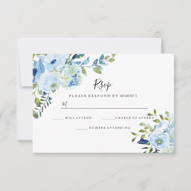 Sky Blue Floral Watercolor Hochzeitsstimmung Verlo RSVP Karte (Vorderseite)