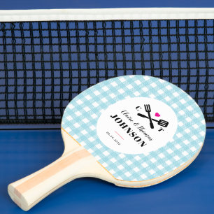 Sky Blue Gingham Kariert Grill Monogram Wedding Tischtennis Schläger