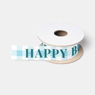 Sky Blue Gingham Kariert Navy Text Happy Birthday Satinband