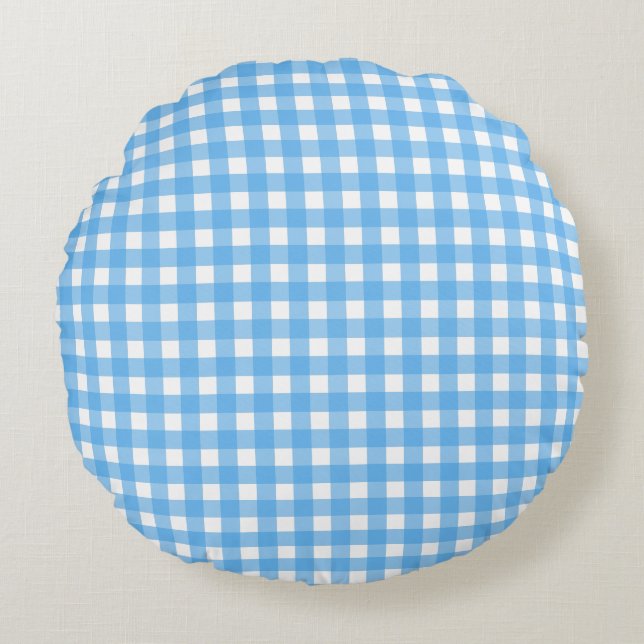 Sky Blue Gingham Rundes Kissen (Vorderseite)