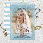 Sky Blue Glitzer Foto Template Sweet 16 Party Einladung<br><div class="desc">Hübsches,  modernes (Imitate) Glitzer-Template-Design für diese hübschen,  trendigen Party Einladungen nur für sie.</div>