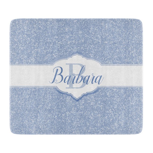 Sky Blue Glitzer Monogram Schneidebrett (Vorderseite)